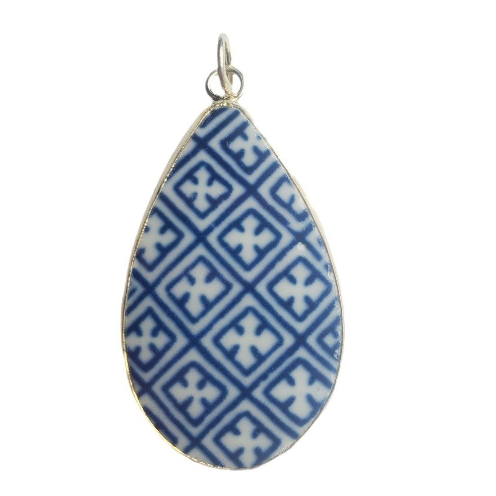 Cobalt Blue & White Talavera Tile Teardrop Pendant Pottery Shard Jewelry‎